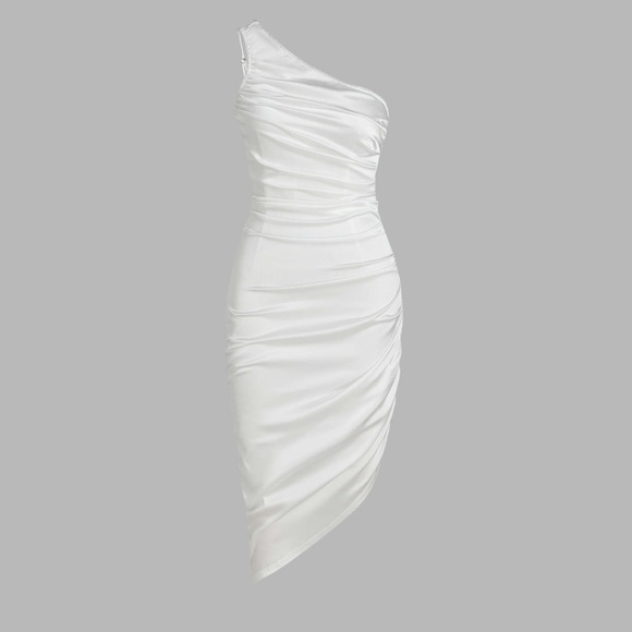 Cider Dresses & Skirts - Cider - Solid Satin Asymmetrical Ruched Midi Dress - size large